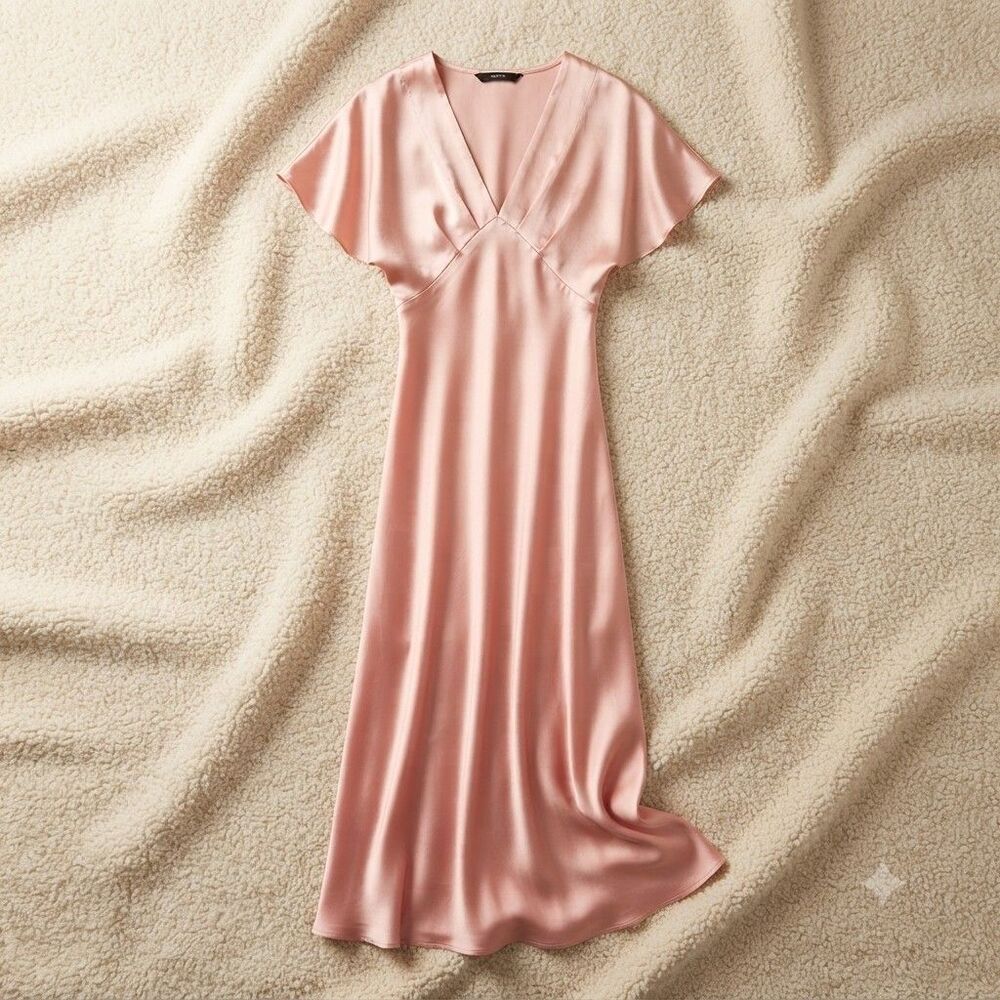Zara Women Pink Satin V-Neck Short Sleeve Maxi Dress Size Small 2330/399